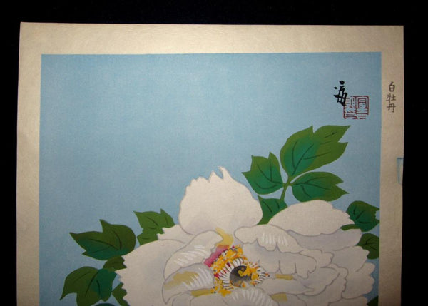 A Great Orig Japanese Woodblock Print Tokuriki Tomikichiro PENCIL Sign & LIMIT NUMBER Original Edition White Peony 1960s