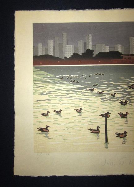 A Great Huge Orig Japanese Woodblock Print Junichiro Sekino PENCIL Sign LIMIT NUMBER Ueno Shinobazu Pond Tokyo 1973 Water Mark