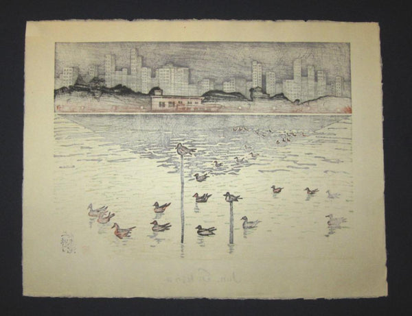 A Great Huge Orig Japanese Woodblock Print Junichiro Sekino PENCIL Sign LIMIT NUMBER Ueno Shinobazu Pond Tokyo 1973 Water Mark