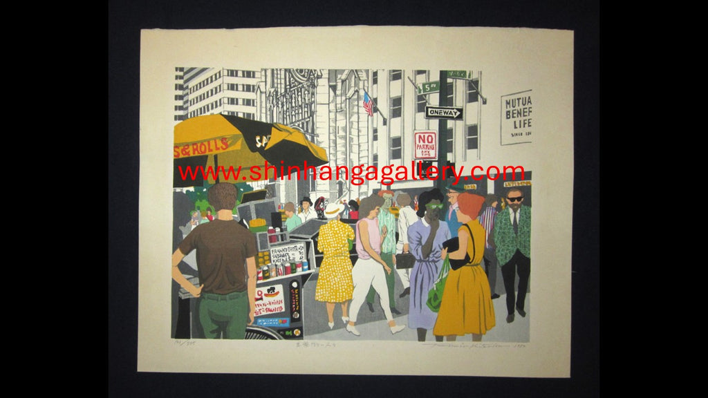 A Huge Orig Japanese Woodblock Print Kitaoka Fumio PENCIL Sign Limit# People on Fifth Street New York