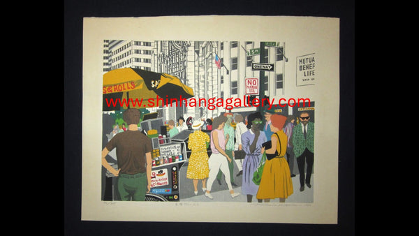 A Huge Orig Japanese Woodblock Print Kitaoka Fumio PENCIL Sign Limit# People on Fifth Street New York