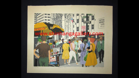 A Huge Orig Japanese Woodblock Print Kitaoka Fumio PENCIL Sign Limit# People on Fifth Street New York
