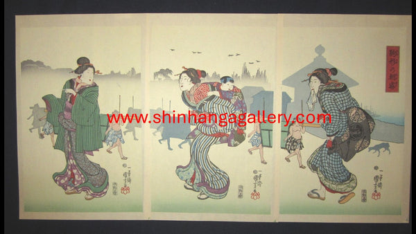 A Great Japanese Woodblock Print Triptych Kuniyoshi Komagata Morning Mist