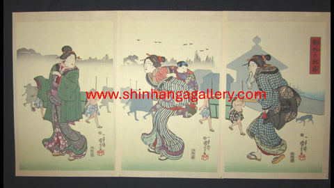 A Great Japanese Woodblock Print Triptych Kuniyoshi Komagata Morning Mist