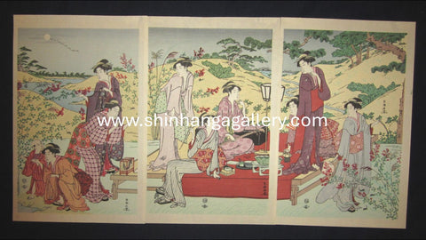 A Great Japanese Woodblock Print Triptych Katsukawa Shunchō Geisha Summer Night Relaxation