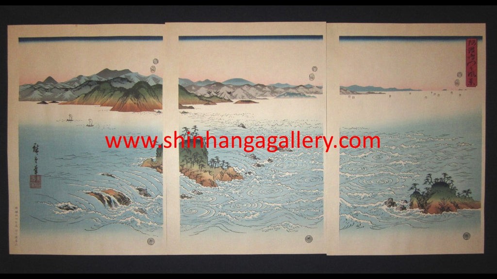 A Beautiful Japanese Woodblock Print Triptych Hiroshige Utagawa Whirlpools of Naruto Straits in Awa Prefecture (2)
