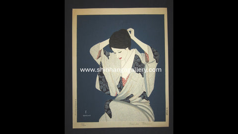 A Huge Orig Japanese Woodblock Print Limit# Pencil Sign Takasawa Keiichi Woman Arranging Har (2)