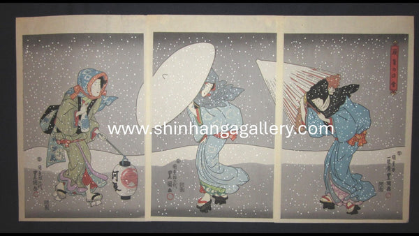 A Great Japanese Woodblock Print Triptych Toyokuni Utagawa Deep Snow at Year End