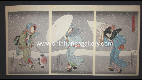 A Great Japanese Woodblock Print Triptych Toyokuni Utagawa Deep Snow at Year End