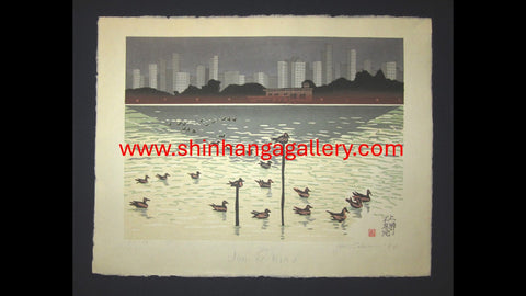 A Great Huge Orig Japanese Woodblock Print Junichiro Sekino PENCIL Sign LIMIT NUMBER Ueno Shinobazu Pond Tokyo 1973 Water Mark