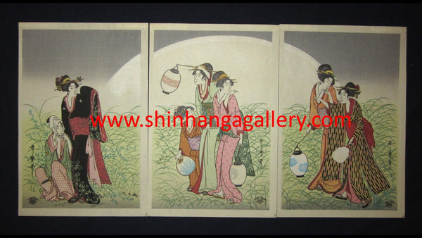 A Great Japanese Woodblock Print Triptych Utamaro Moon Rising