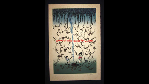 AN EXTRA LARGE Great Orig Japanese Woodblock Print Miyata Masayuki PENCIL sign LIMIT# Four Seasons of Children Autumn