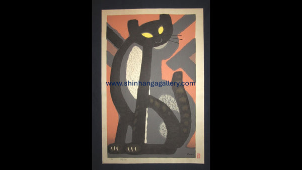 A Huge Great Japanese Woodblock Print PENCIL Sign LIMIT Number Inagaki Tomoo Sitting Cat 1982 (3)