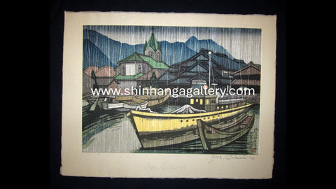 Huge Original Japanese Woodblock Print Junichiro Sekino Pencil Sign Limit# Amakusa Sakitsu Cathedral Rain