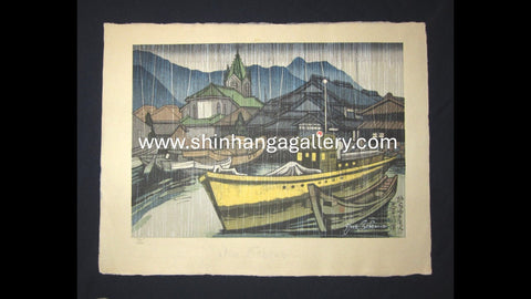 A Huge Orig Japanese Woodblock Print Junichiro Sekino Limit# Amakusa Sakitsu Cathedral Rain, Water Mark (2)