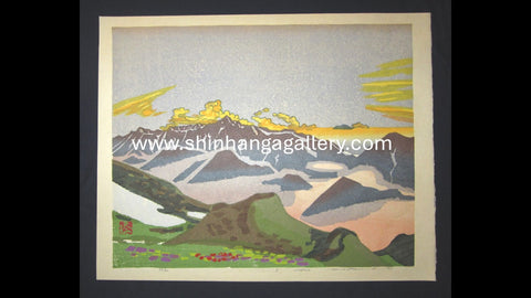 A HUGE Orig Japanese Woodblock Print PENCIL Sign Limit# Hashimoto Okiie 1943 Mountain Evening