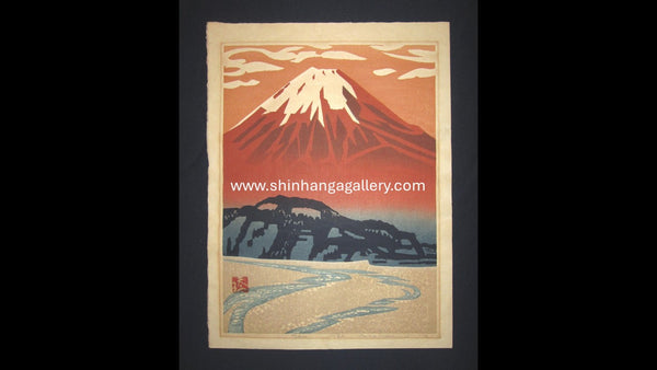 A HUGE Orig Japanese Woodblock Print PENCIL Sign Limit# Hashimoto Okiie River & Fuji Mountain 1973