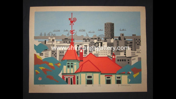 A Huge Orig Japanese Woodblock Print PENCIL Limit# Kawanishi Yuzaburo Cupola Rooster Weathervane Kobe Harbor (4)