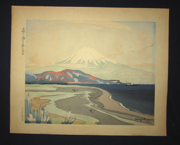 This is an EXTRA LARGE very beautiful and special original Japanese woodblock print “Fuji from Miho in Spring” signed by the Famous Taisho/Showa Shin Hanga woodblock print artist Ishikawa Toraji (1875 ~1964) made in 1934.  