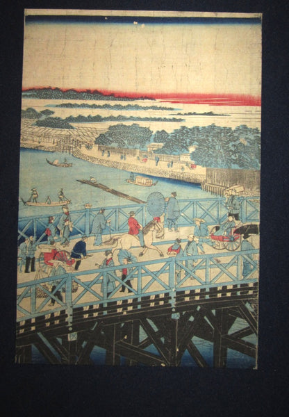 A Great Orig Japanese Woodblock Print Triptych Yokohama Print Hiroshige Tokyo Famous Place Two Country Bridge w/ Original Edition Chop Mark