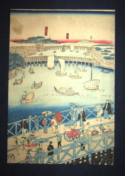 A Great Orig Japanese Woodblock Print Triptych Yokohama Print Hiroshige Tokyo Famous Place Two Country Bridge w/ Original Edition Chop Mark