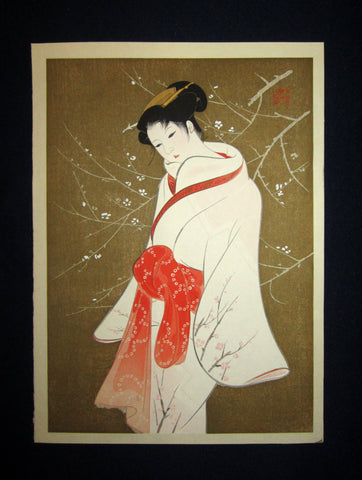 This is a very beautiful and unique original Japanese woodblock print masterpiece “Bijin Beauty Plum” signed by the famous Showa Shin-Hanga woodblock print master Iwata Sentaro (1901-1974) made in 1970s IN EXCELLENT CONDITION.  This is an original woodblock print about 40 years old. 
