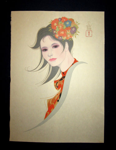 This is a very beautiful and unique original Japanese woodblock print masterpiece “Bijin Beauty Shallow Spring” signed by the famous Showa Shin-Hanga woodblock print master Iwata Sentaro (1901-1974) made in 1970s IN EXCELLENT CONDITION.  