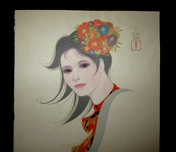 Orig Japanese Woodblock Print Iwata Sentaro Bijin Beauty Shallow Spring
