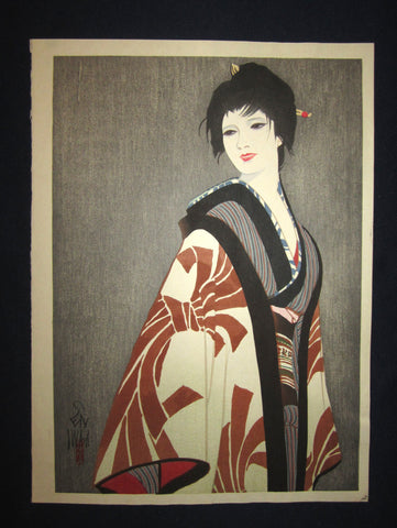 This is a very beautiful and unique original Japanese woodblock print masterpiece “Bijin Beauty Flowing Star” signed by the famous Showa Shin-Hanga woodblock print master Iwata Sentaro (1901-1974) made in 1970s IN EXCELLENT CONDITION.  