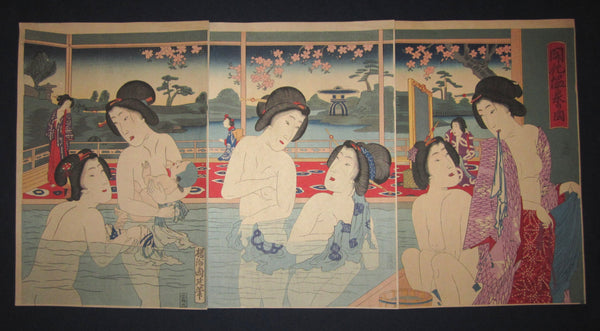 This is a very beautiful, colorful and rare FIRST EDITION original Japanese woodblock print triptych “Hot Spring Bath” signed by the famous Meiji woodblock print master Chikanobu (1838-1912), made in Meiji Era,