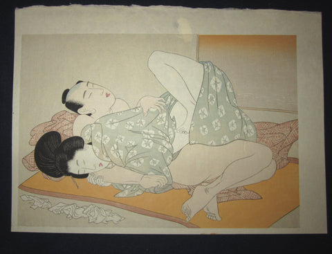 Original Japanese Woodblock Print Erotic Shunga Afternoon Nap Taisho Period