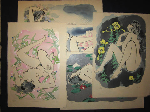 This is a set of Five HUGE very beautiful, and special LIMITED-NUMBER (107/205) ORIGINAL Japanese woodblock print “Flower Nude Women” PENCIL SIGNED by the famous Showa Shin Hanga woodblock print master Furusawa Iwami (1912-2000) made in 70s with an original artist WATER  MARK on each print IN EXCELLENT CONDITION.