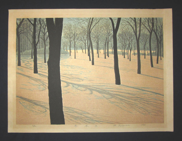 HUGE very beautiful and original LIMITED NUMBER(6/50) Japanese Shin Hanga woodblock print “Winter Trees” PENCIL SIGNED by the famous Showa Shin Hanga woodblock master Motosugu Sugiyama (1925-) made in 1986. 