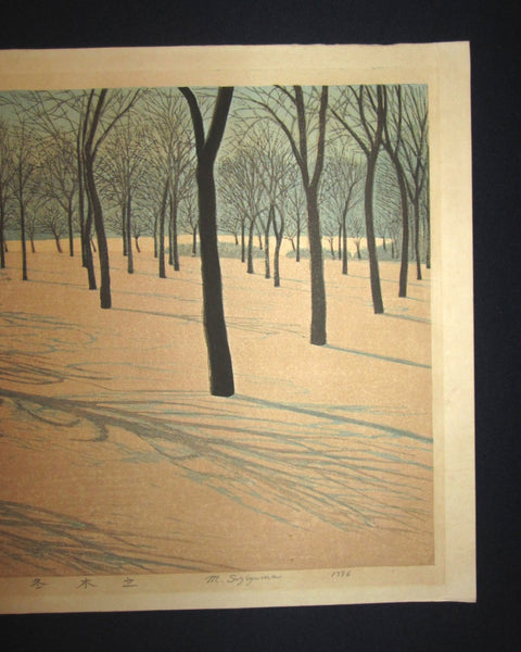 HUGE Orig Japanese Woodblock Print PENCIL Sign Limit# Motosugu Sugiyama Winter Trees