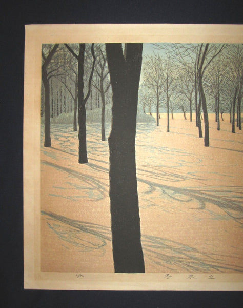 HUGE Orig Japanese Woodblock Print PENCIL Sign Limit# Motosugu Sugiyama Winter Trees