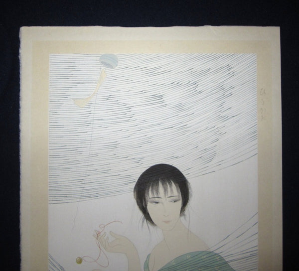 LARGE Orig Japanese Woodblock Print PENCIL Wind Connection Webs Bijin