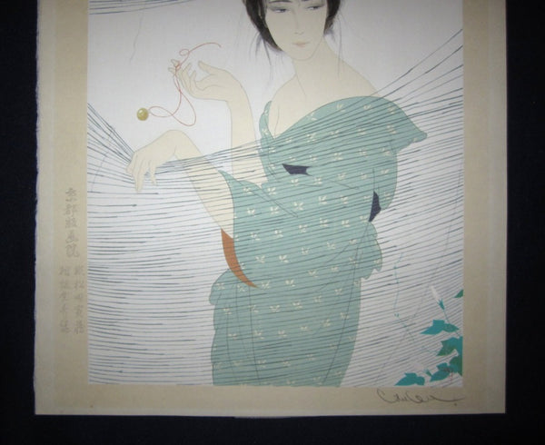 LARGE Orig Japanese Woodblock Print PENCIL Wind Connection Webs Bijin