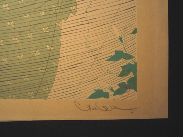 LARGE Orig Japanese Woodblock Print PENCIL Wind Connection Webs Bijin