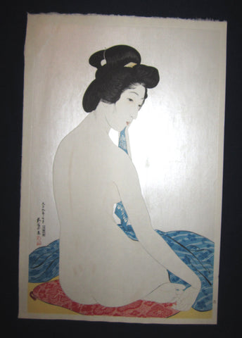 This is on an EXTRA LARGE very beautiful and rare Japanese woodblock Shin Hanga print “Woman after Bath” from the famous Shin-Hanga woodblock print artist Hashiguchi Goyo (1880-1921) published by the famous printmaker YuYuDo.  