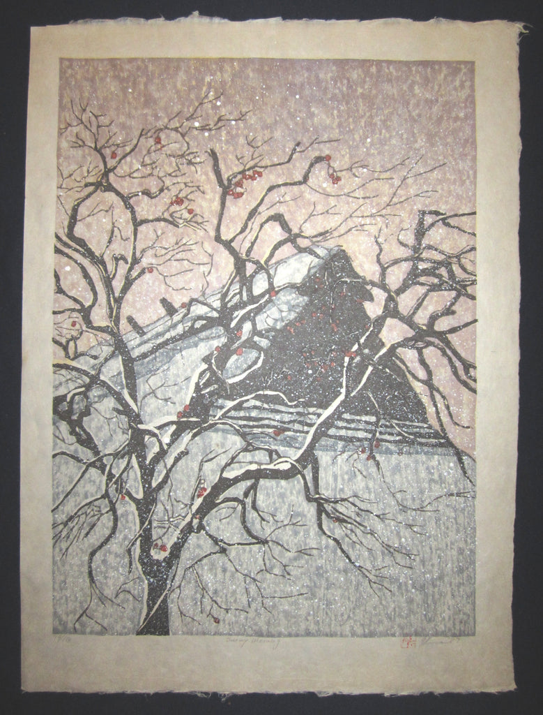This is an HUGE very beautiful and LIMITED NUMBER (94/100) ORIGINAL Japanese Shin Hanga woodblock print “Snow Warning “ PENCIL SIGNED by the famous Showa Shin Hanga woodblock master Joshua Rome (1953-) made in 1987 IN EXCELLENT CONDITION.  