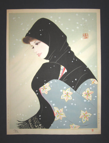 This is a Huge very beautiful, unique and LIMITED-NUMBER (170/450) original Japanese woodblock print masterpiece “Blizzard” signed by the famous Showa Shin-Hanga woodblock print master Iwata Sentaro (1901-1974) published by the famous printmaker YuYuDo in 1970s IN EXCELLENT CONDITION. 