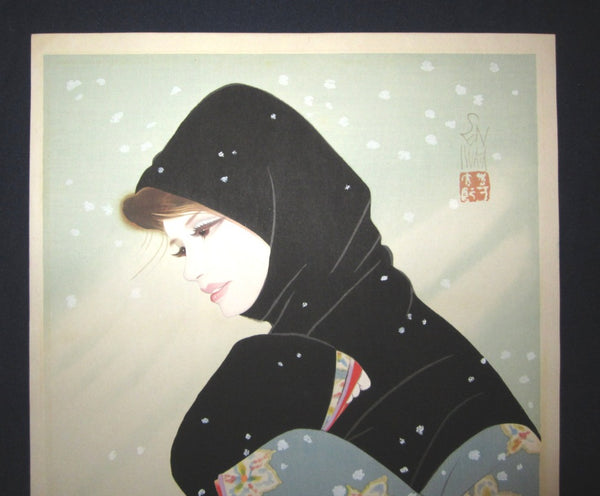 Huge Original Japanese Woodblock Print Iwata Sentaro Blizzard Bijin LIMIT# PENCIL Sign