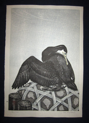 This is an Extra LARGE, very beautiful and rare LIMITED NUMBER (72/100) ORIGINAL Japanese woodblock print masterpiece “Black Albatross” PENCIL SIGNED by the famous Showa Sosaku Hanga woodblock print master Aoyama Masaharu (Seiji) (1893-1969), made in the Showa Era IN EXCELLENT CONDITION. 