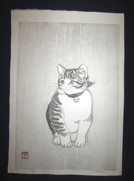 This is an Extra LARGE, very beautiful and rare LIMITED NUMBER (76/100) ORIGINAL Japanese woodblock print masterpiece “Little Cutie Cat in Silence” PENCIL SIGNED by the famous Showa Sosaku Hanga woodblock print master Aoyama Masaharu (Seiji) (1893-1969), made in the Showa Era IN EXCELLENT CONDITION.