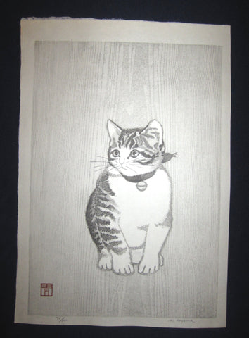This is an Extra LARGE, very beautiful and rare LIMITED NUMBER (76/100) ORIGINAL Japanese woodblock print masterpiece “Little Cutie Cat in Silence” PENCIL SIGNED by the famous Showa Sosaku Hanga woodblock print master Aoyama Masaharu (Seiji) (1893-1969), made in the Showa Era IN EXCELLENT CONDITION.