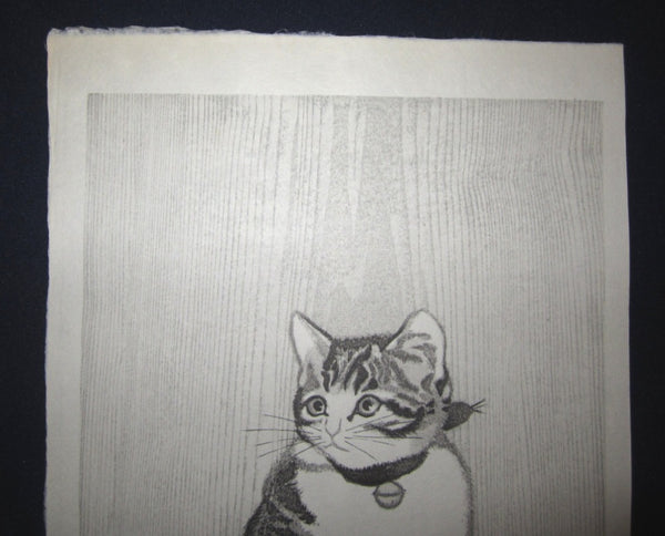 Orig Japanese woodblock print LIMITED# PENCIL SIGN Aoyama Little Cutie Cat in Silence