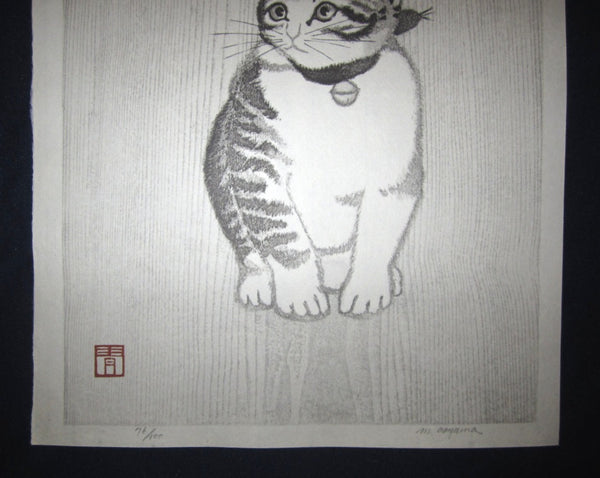 Orig Japanese woodblock print LIMITED# PENCIL SIGN Aoyama Little Cutie Cat in Silence