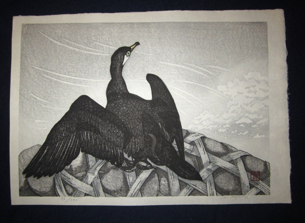 This is an Extra LARGE, very beautiful and rare LIMITED NUMBER (73/100) ORIGINAL Japanese woodblock print masterpiece “Black Albatross” PENCIL SIGNED by the famous Showa Sosaku Hanga woodblock print master Aoyama Masaharu (Seiji) (1893-1969), made in the Showa Era IN EXCELLENT CONDITION.