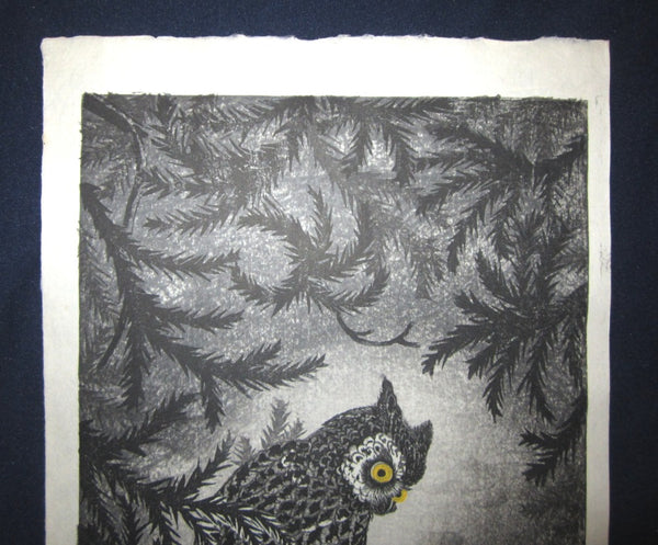 Orig Japanese woodblock print LIMITED# PENCIL SIGN Aoyama Owl