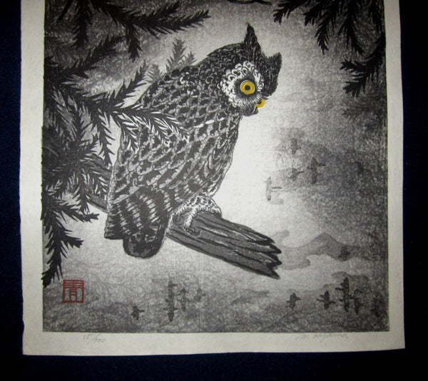 Orig Japanese woodblock print LIMITED# PENCIL SIGN Aoyama Owl